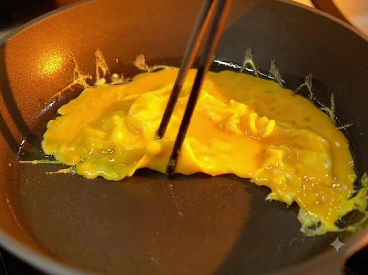 Delle bacchette che piegano delicatamente una morbida omelette gialla semi-cotta in una padella antiaderente.