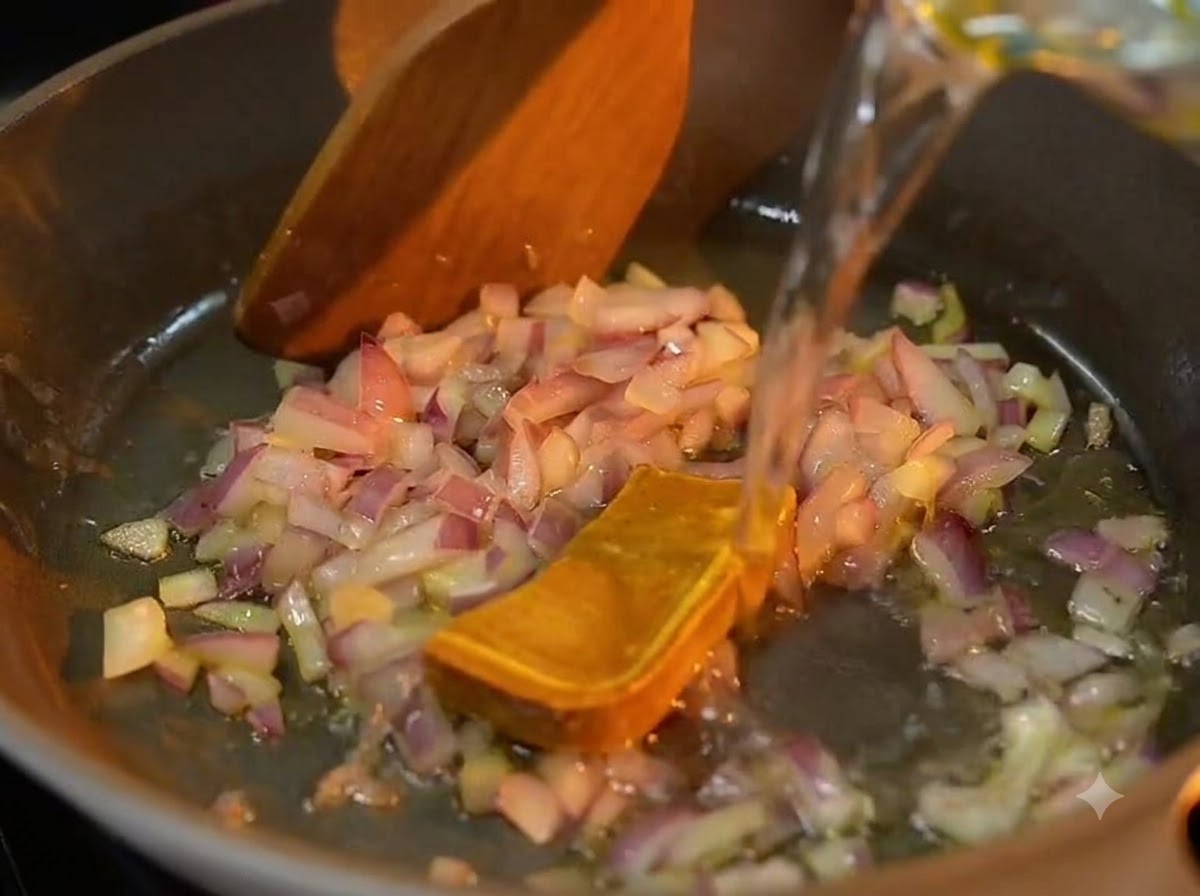 Versare dellacqua chiara da un misurino di vetro in una padella calda con cipolle rosse a cubetti e un blocco di pasta di curry gialla.