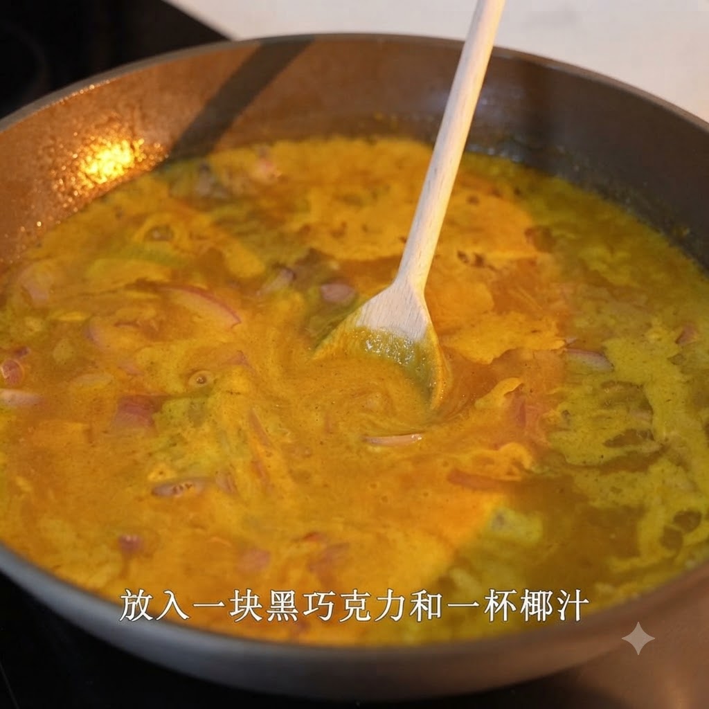 Un cucchiaio di legno che mescola una salsa al curry gialla in ebollizione infusa con pezzi di cioccolato fondente in una grande padella.