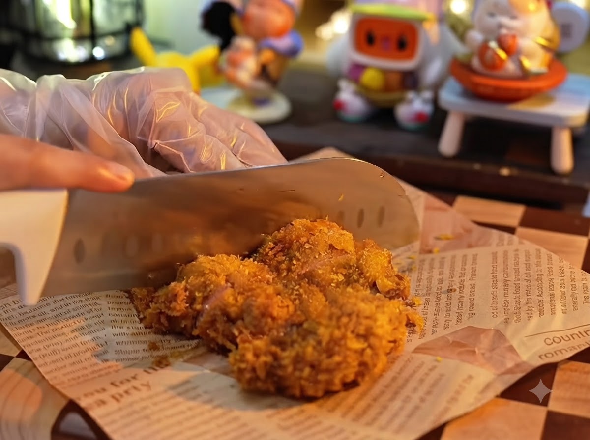 Una mano guantata che tiene ferma una cotoletta di maiale fritta dorata mentre un grosso coltello la taglia a strisce spesse su carta da forno.