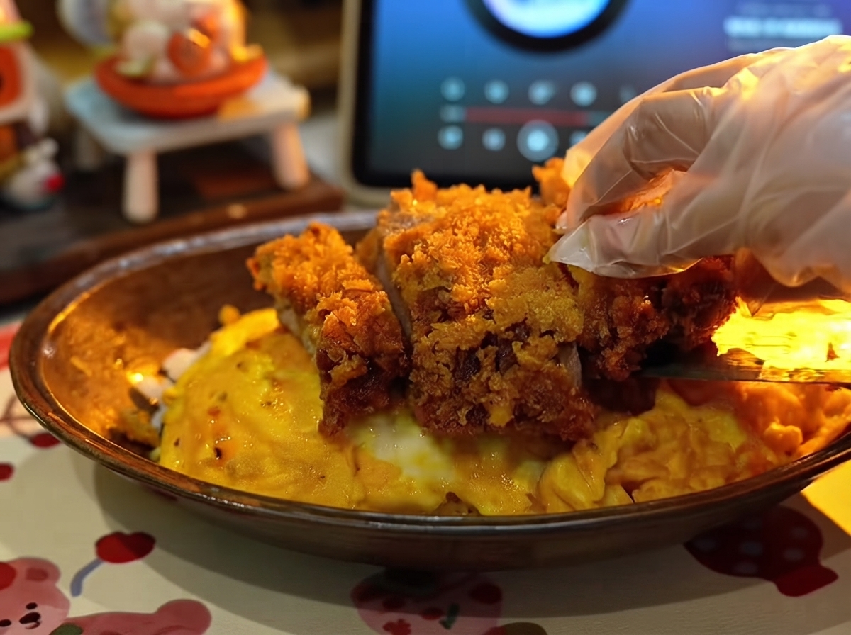 Una mano guantata che posiziona i pezzi di cotoletta di maiale fritta e croccante ben affettati su una morbida omelette giallo brillante in un piatto da portata.