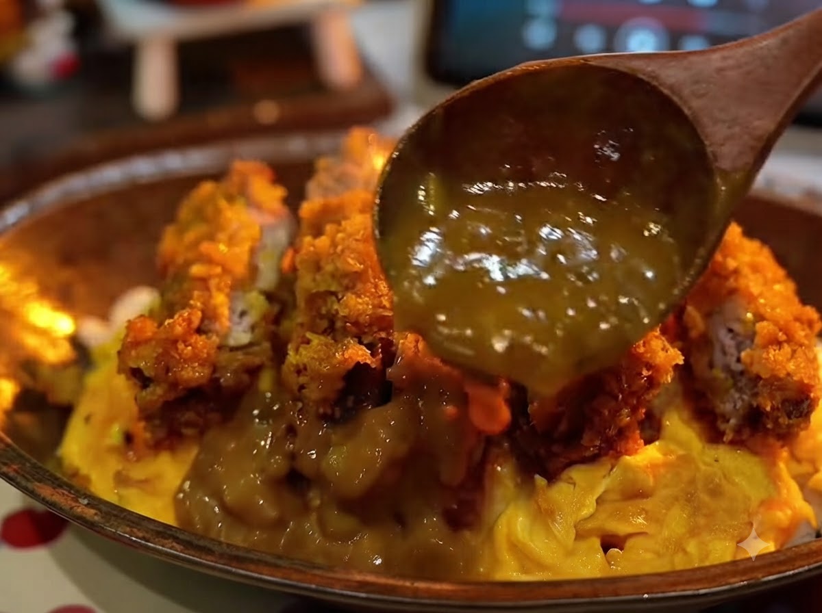 Un cucchiaio di legno che versa una densa salsa al curry marrone su una porzione di cotoletta di maiale croccante a fette e una morbida omelette.