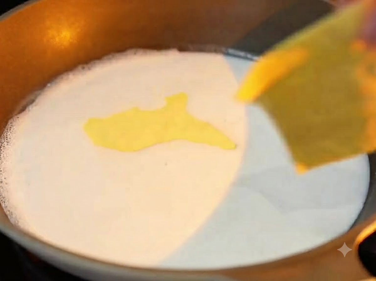 Fette quadrate di formaggio giallo che si sciolgono nel latte di cocco bianco a leggera ebollizione in una padella.