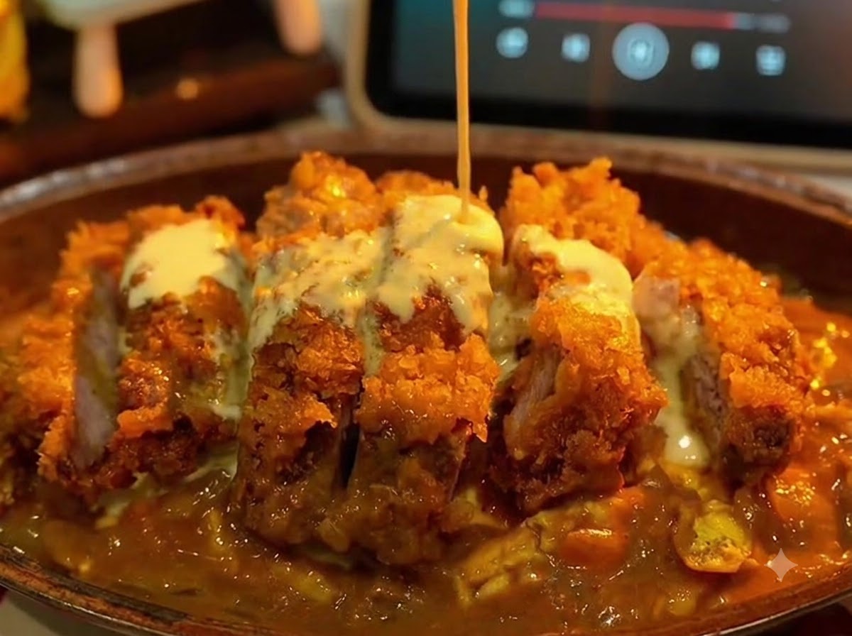 Un filo di crema bianca al formaggio e cocco versata sopra il piatto assemblato di cotoletta di maiale al curry.