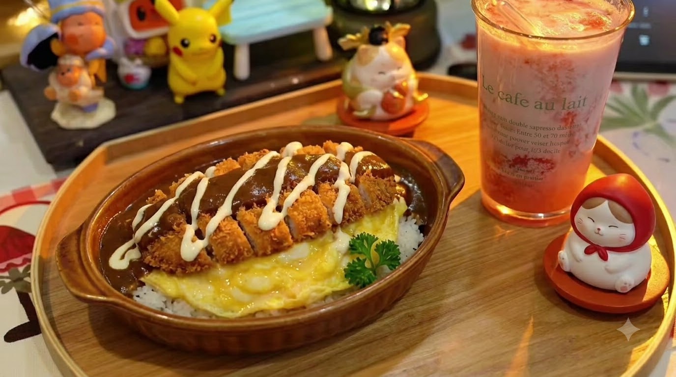 Riso con Cotoletta di Maiale Croccante, Curry e Omelette