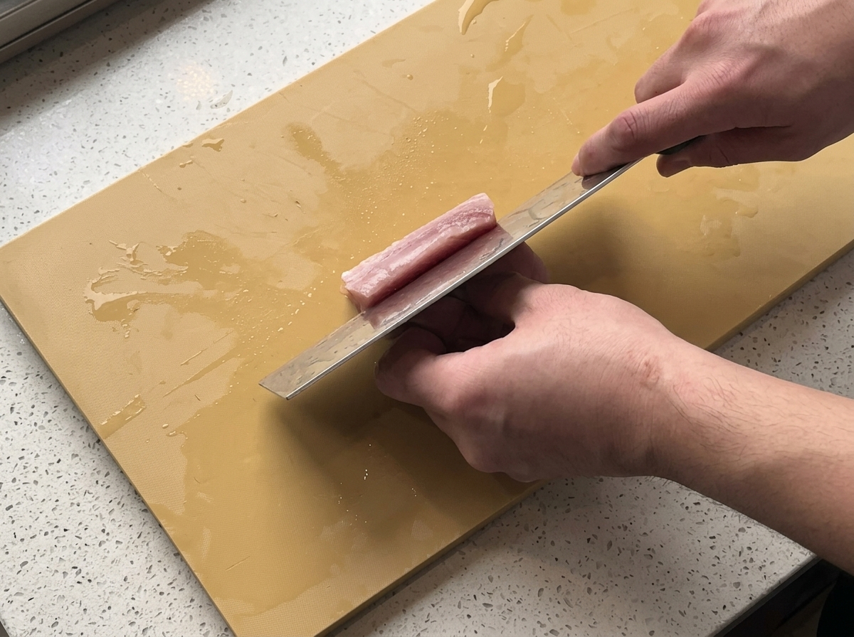 Filetto di maiale crudo tagliato con una mannaia su un tagliere giallo.