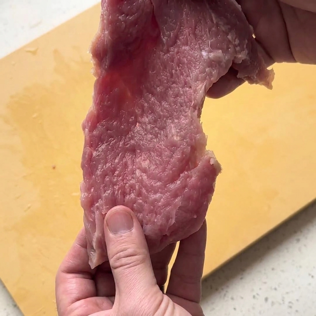 Una persona che solleva una fetta di maiale crudo e intenerito sopra un tagliere giallo.