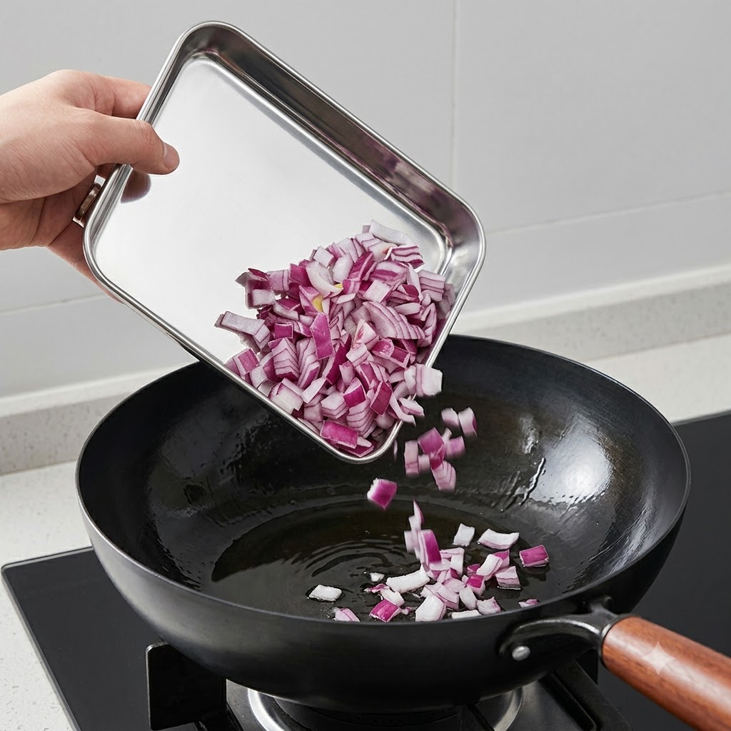 Cipolle rosse a dadini che scivolano da un vassoio in un wok caldo con olio.