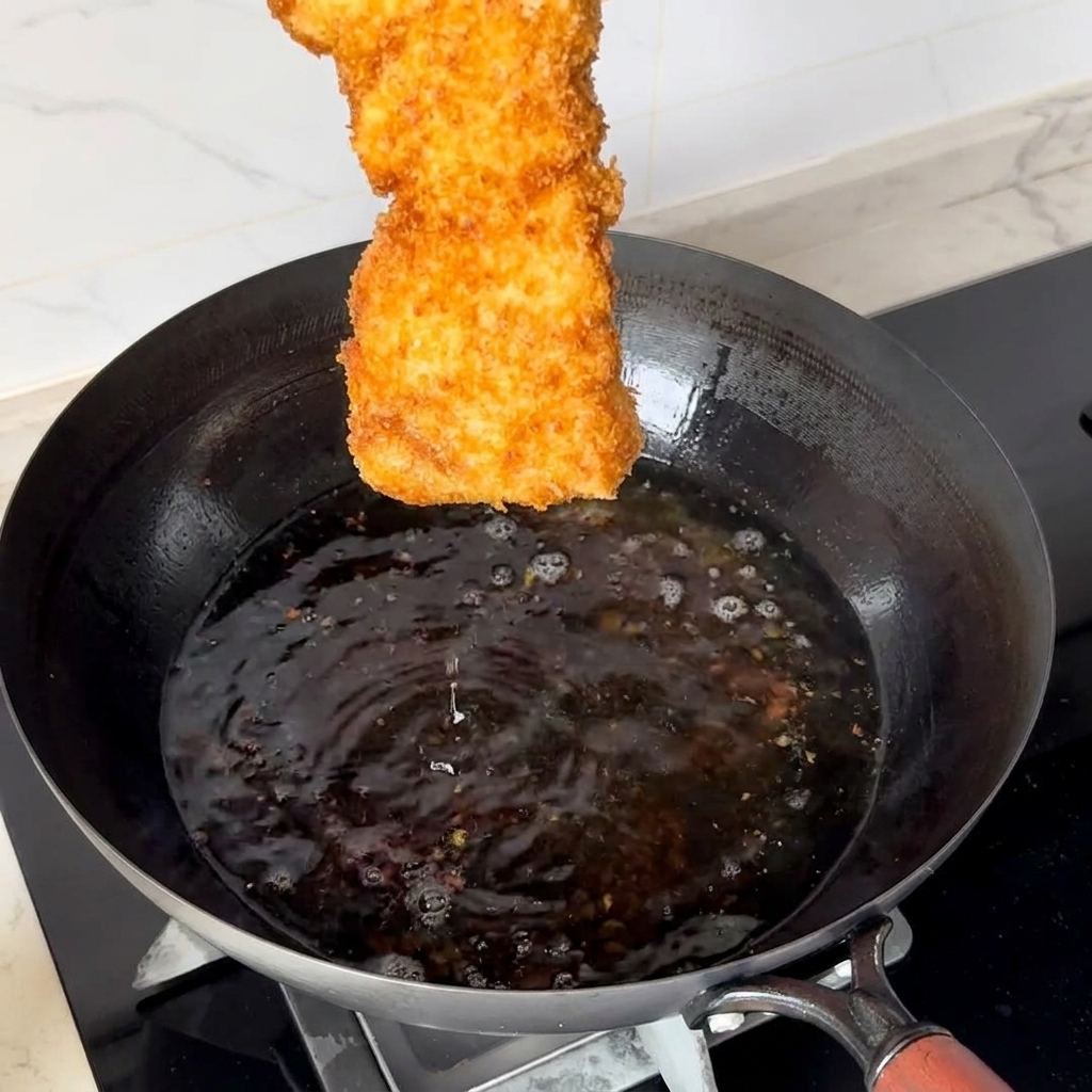 Una cotoletta di maiale impanata e fritta tenuta sopra un wok di olio caldo.