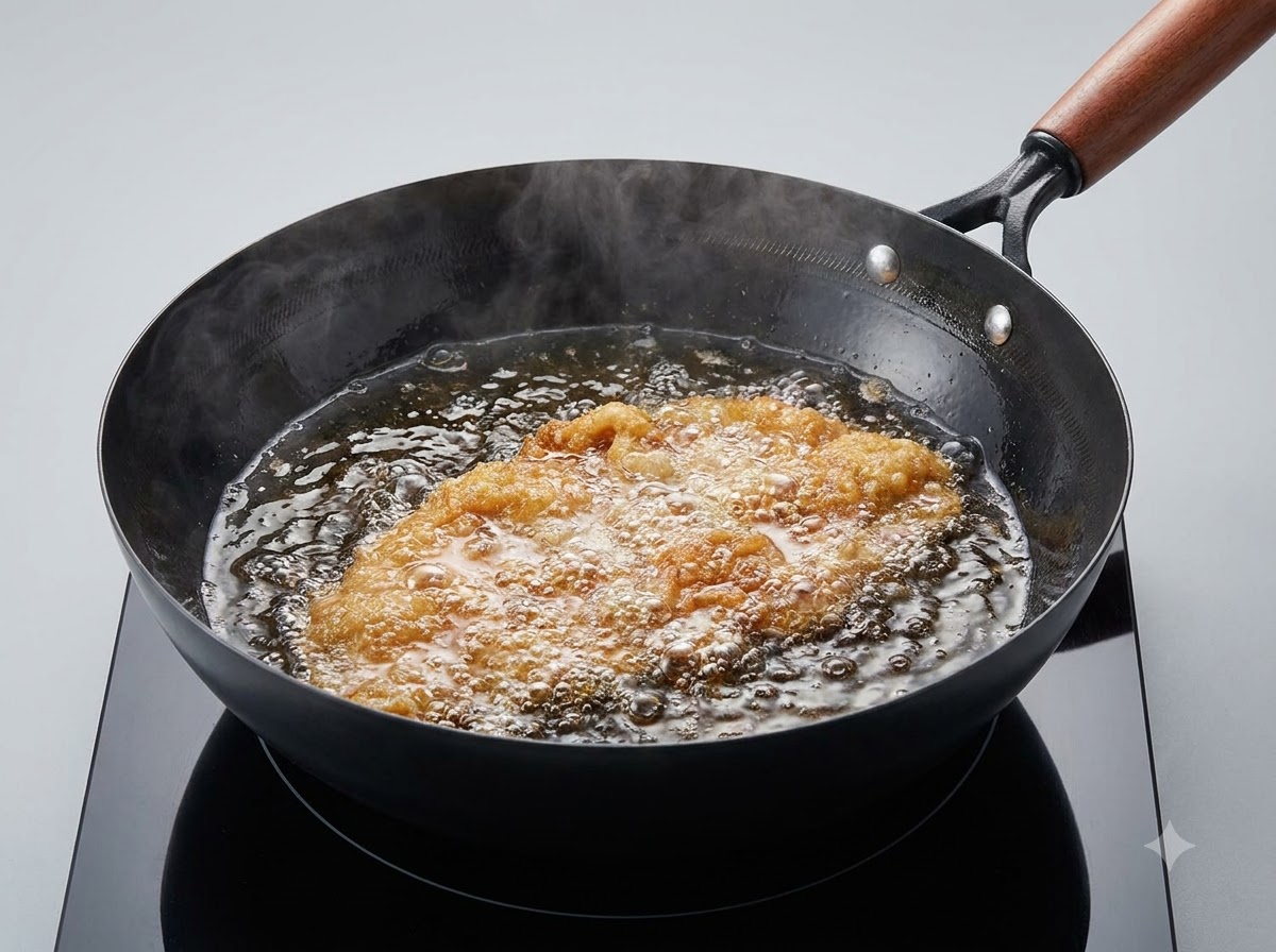 Una cotoletta di maiale impanata che frige in olio caldo e ribollente dentro un wok nero.
