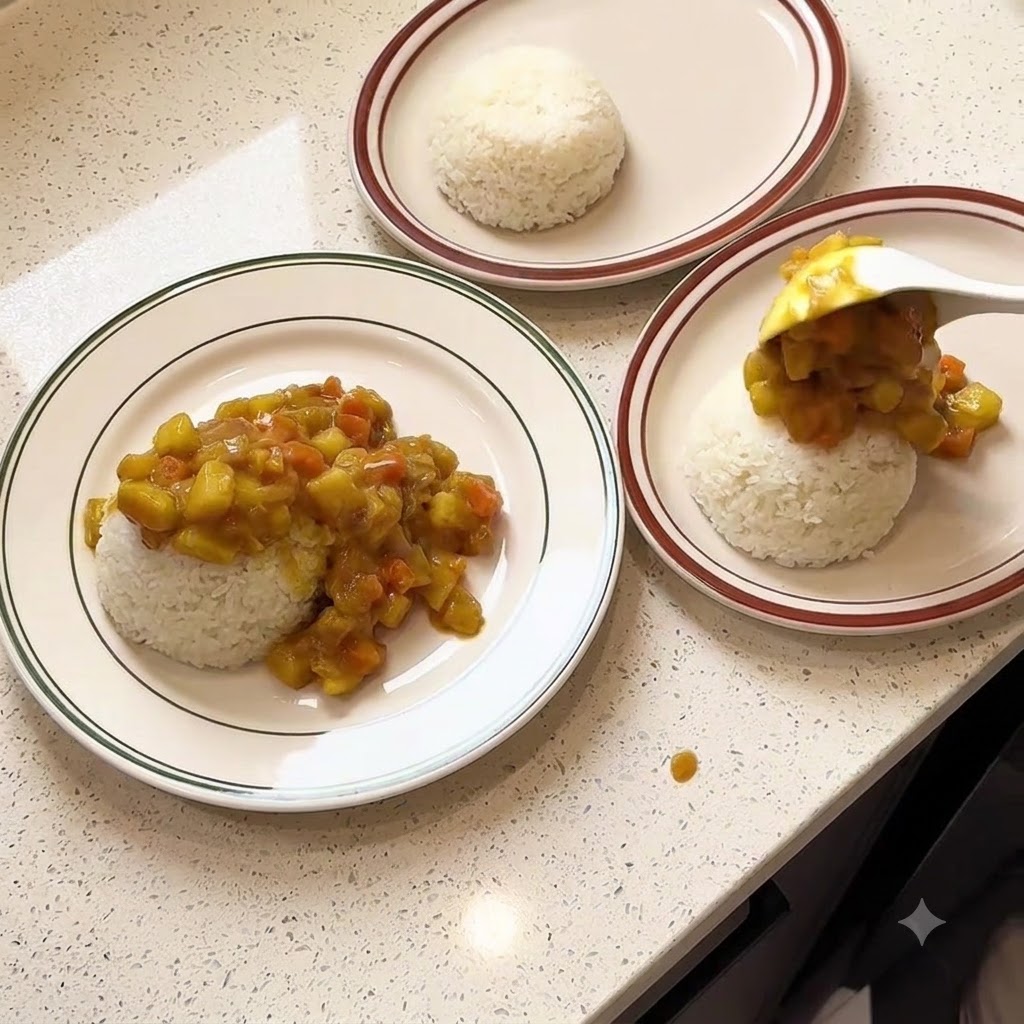 Riso bianco modellato nei piatti guarnito con una densa salsa di curry di verdure usando un cucchiaio bianco.