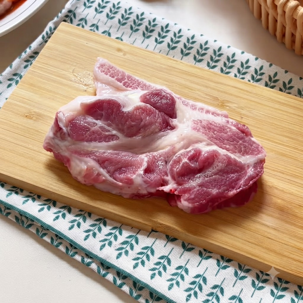 Cotoletta di maiale cruda su un tagliere di legno, mentre viene battuta con un sbatticarne.