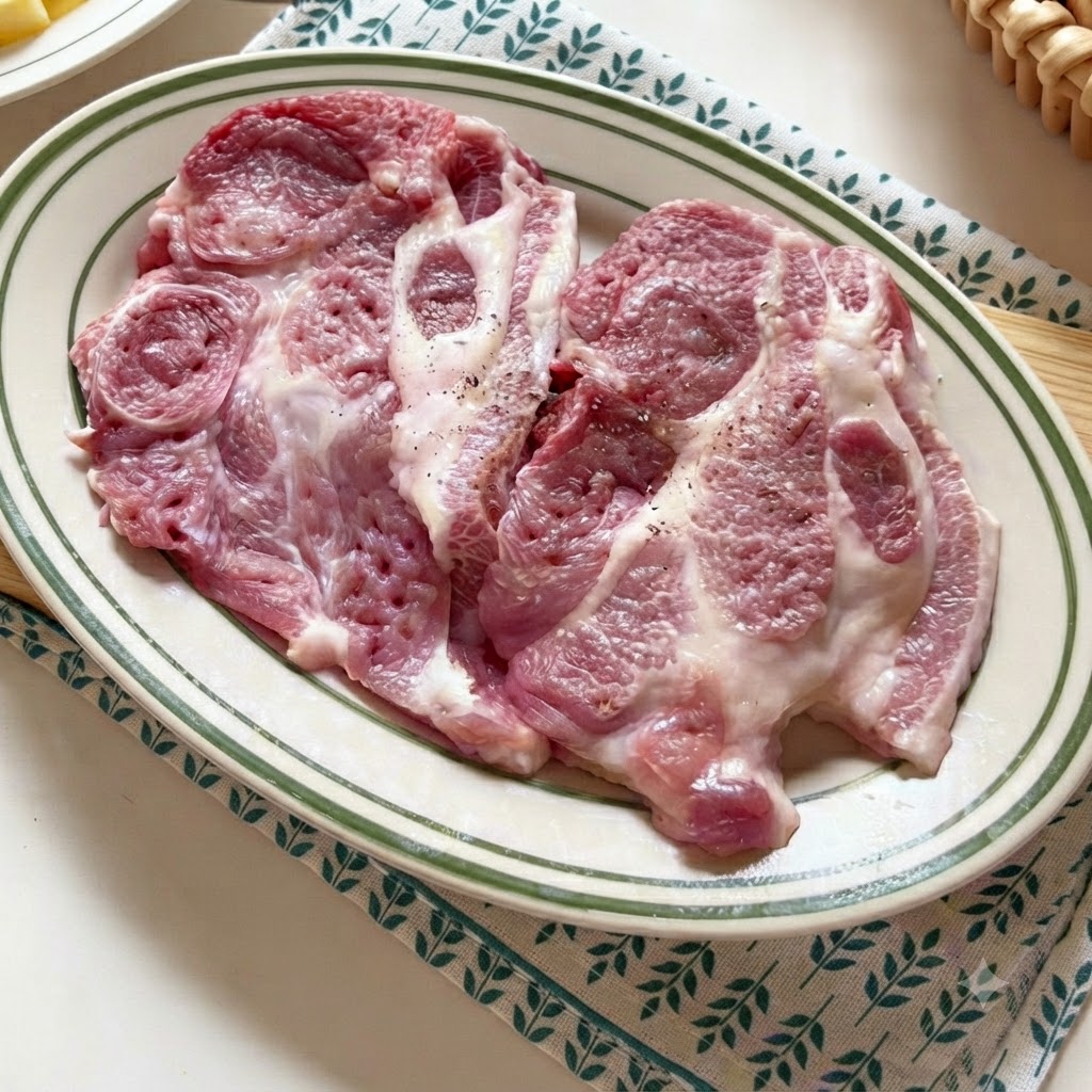Due cotolette di maiale crudo condite con pepe nero e sale, disposte su un piatto ovale bianco con bordi verdi.