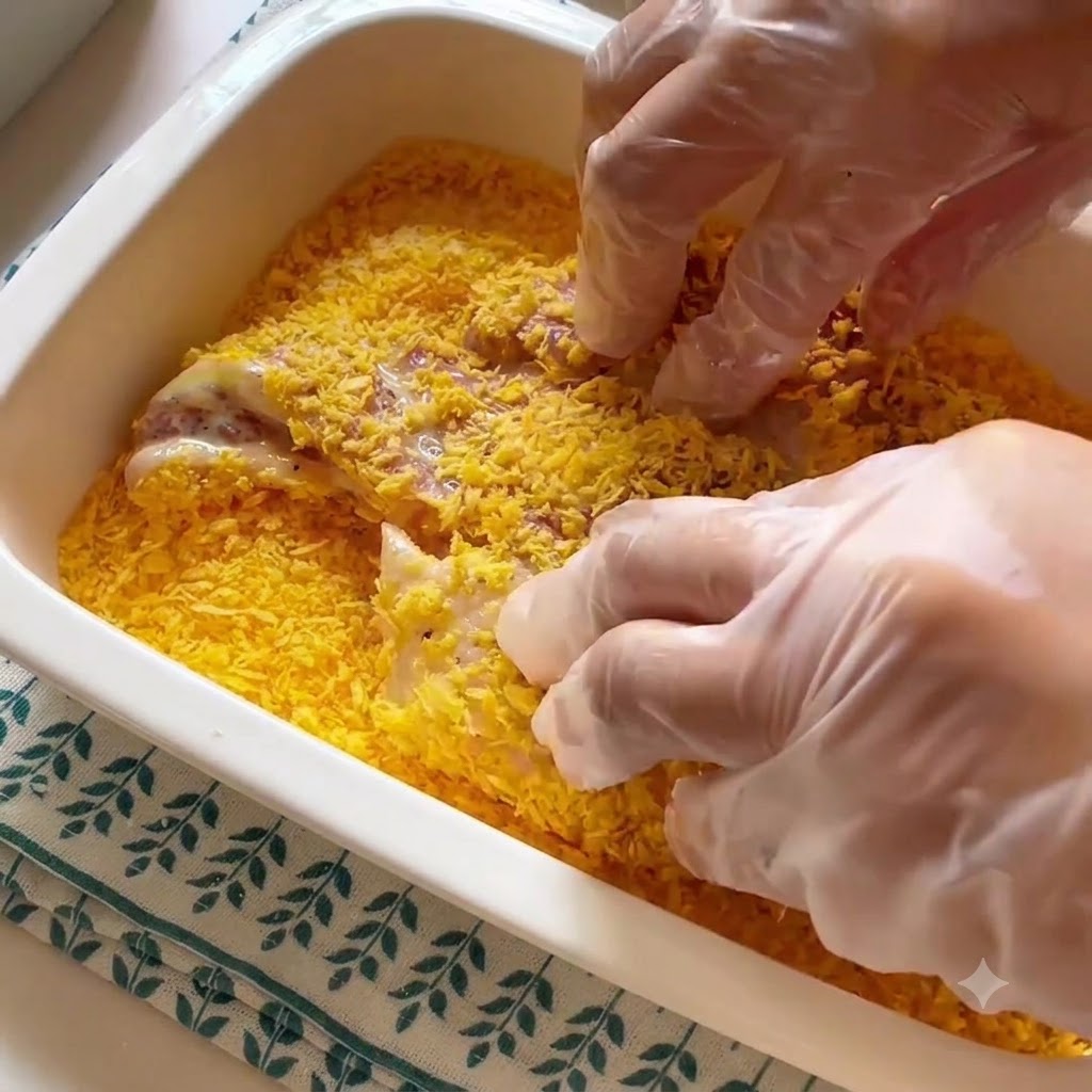Mani con guanti che premono cotolette impanate in un letto di pangrattato giallo dentro un contenitore rettangolare.