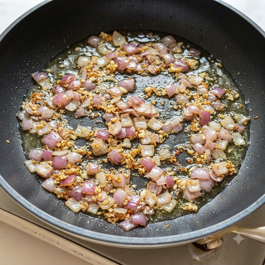 Aglio tritato e pezzetti di scalogno viola che soffriggono nellolio caldo dentro una padella nera.