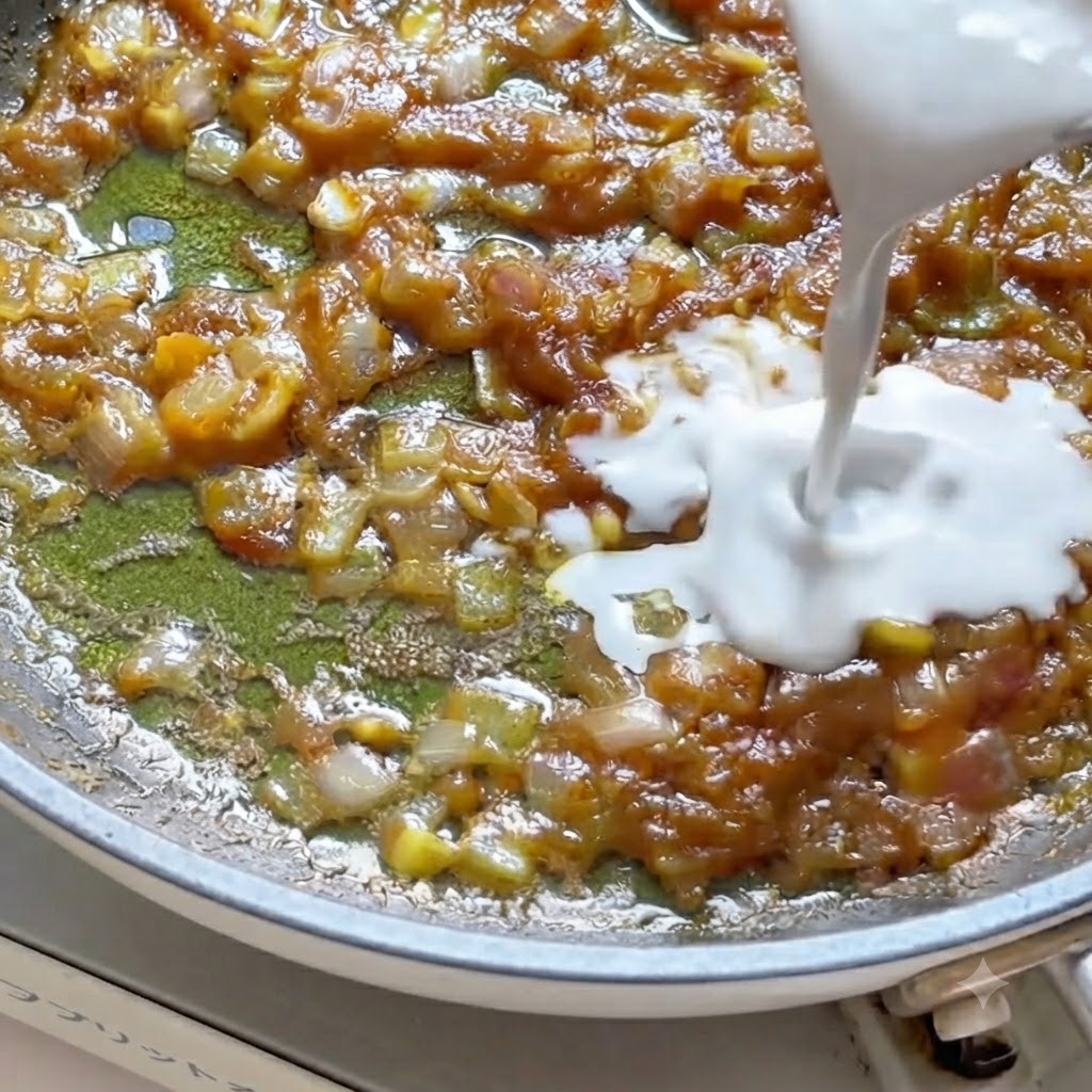 Latte di cocco versato da una brocca in una padella con pasta di curry e aromi in scioglimento.
