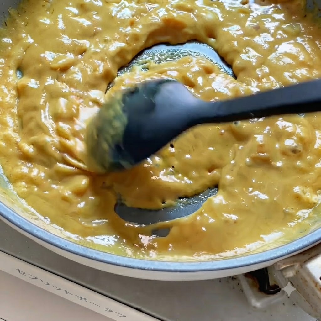 Una spatola nera che mescola salsa di curry gialla, densa e cremosa, che sobbolle in una padella.