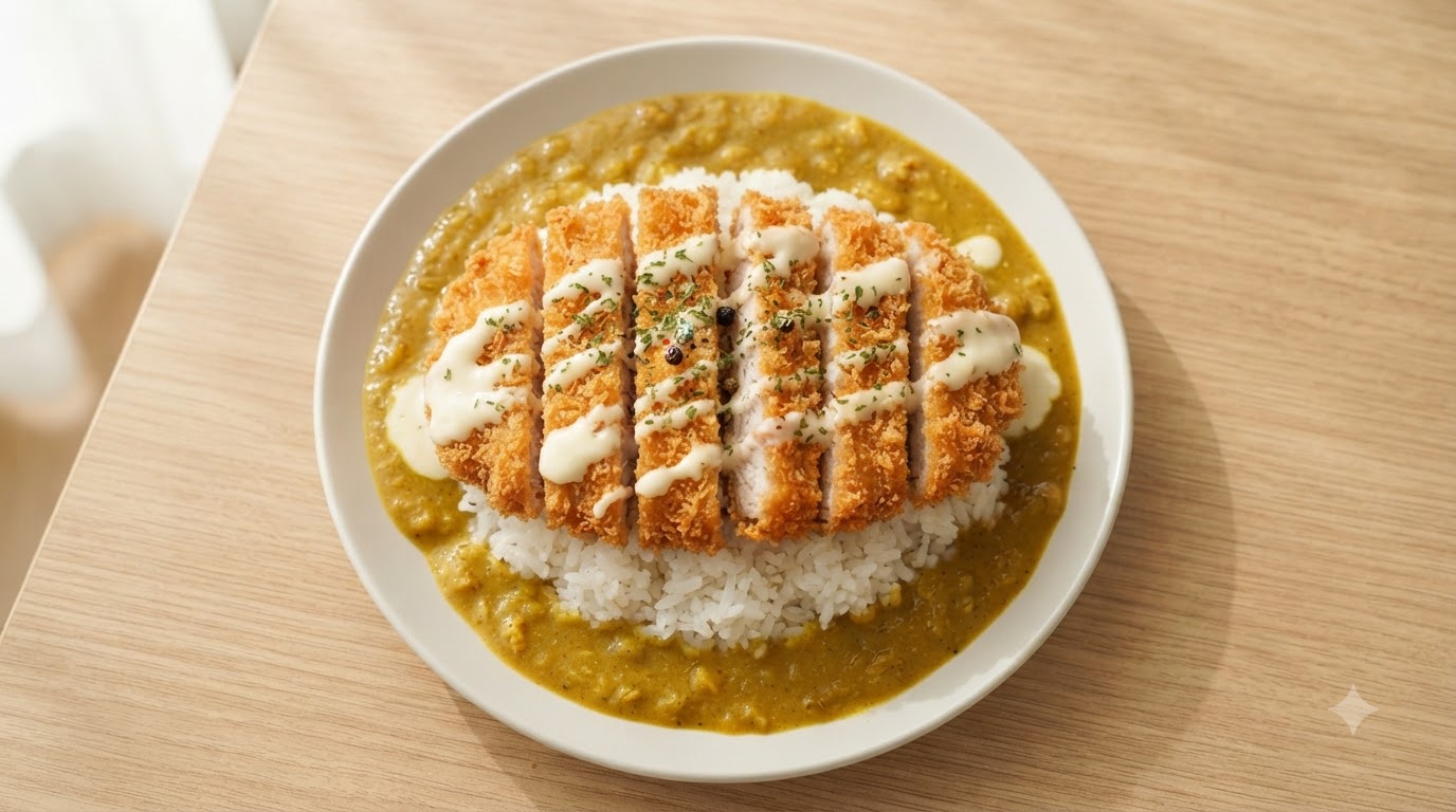 Un piatto di riso con cotoletta di maiale al curry e cocco, con fettine di maiale croccanti adagiate su curry giallo saporito, riso bianco e una cremosa colata di salsa al cocco e formaggio.
