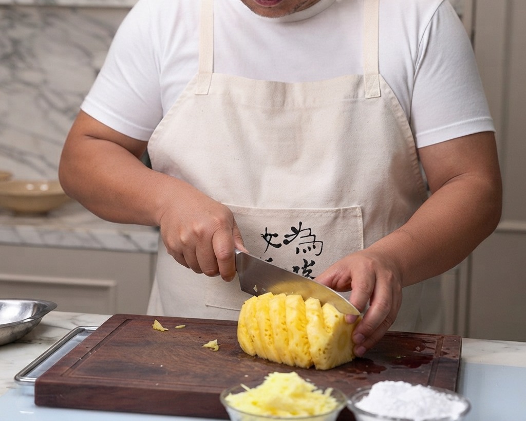 Una persona che taglia un ananas fresco sbucciato a pezzi grossolani su un tagliere di legno.
