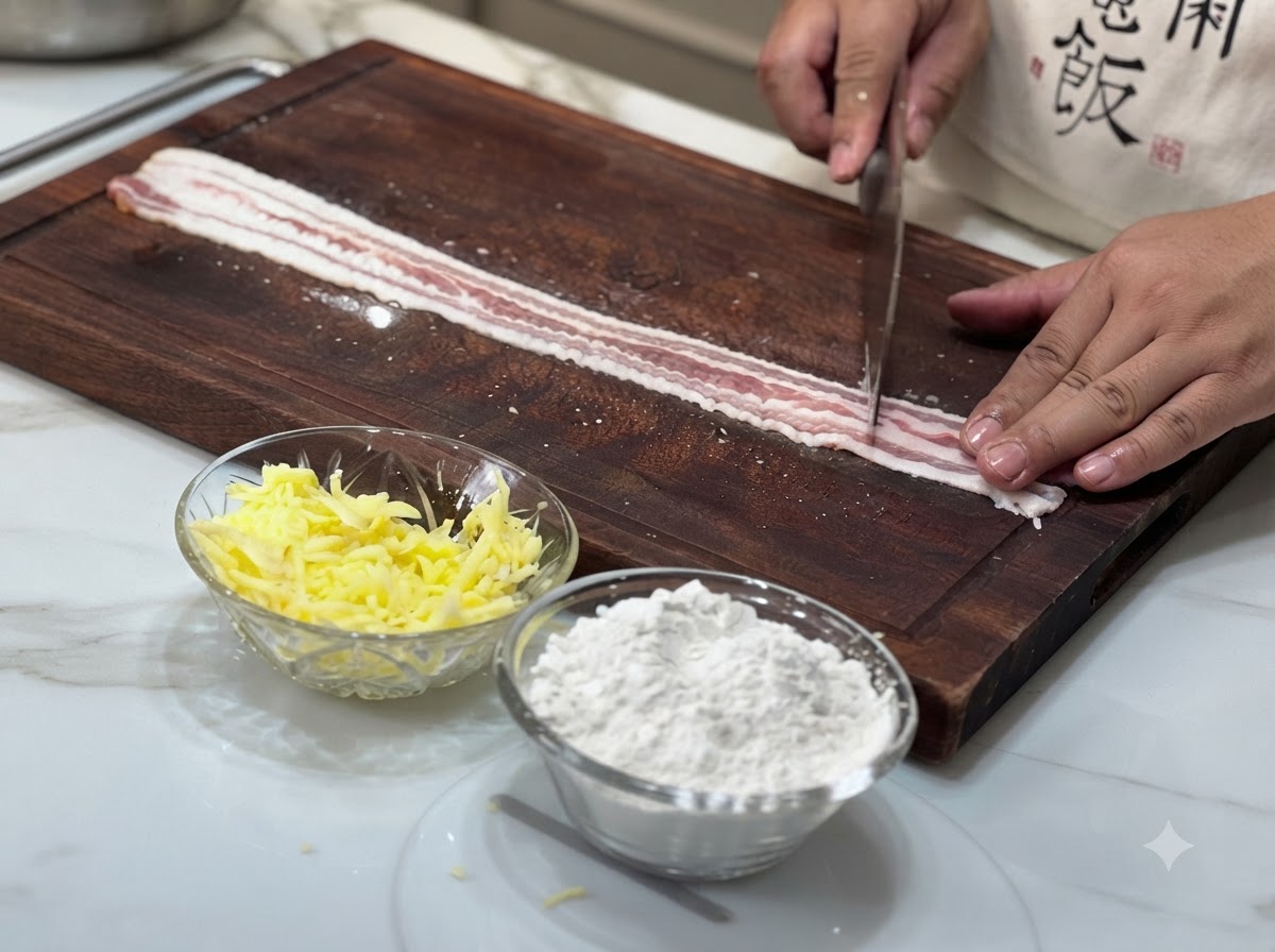 Due lunghe fette di pancetta di maiale cruda adagiate piatte su un tagliere di legno, picchiettate con il dorso di una mannaia.