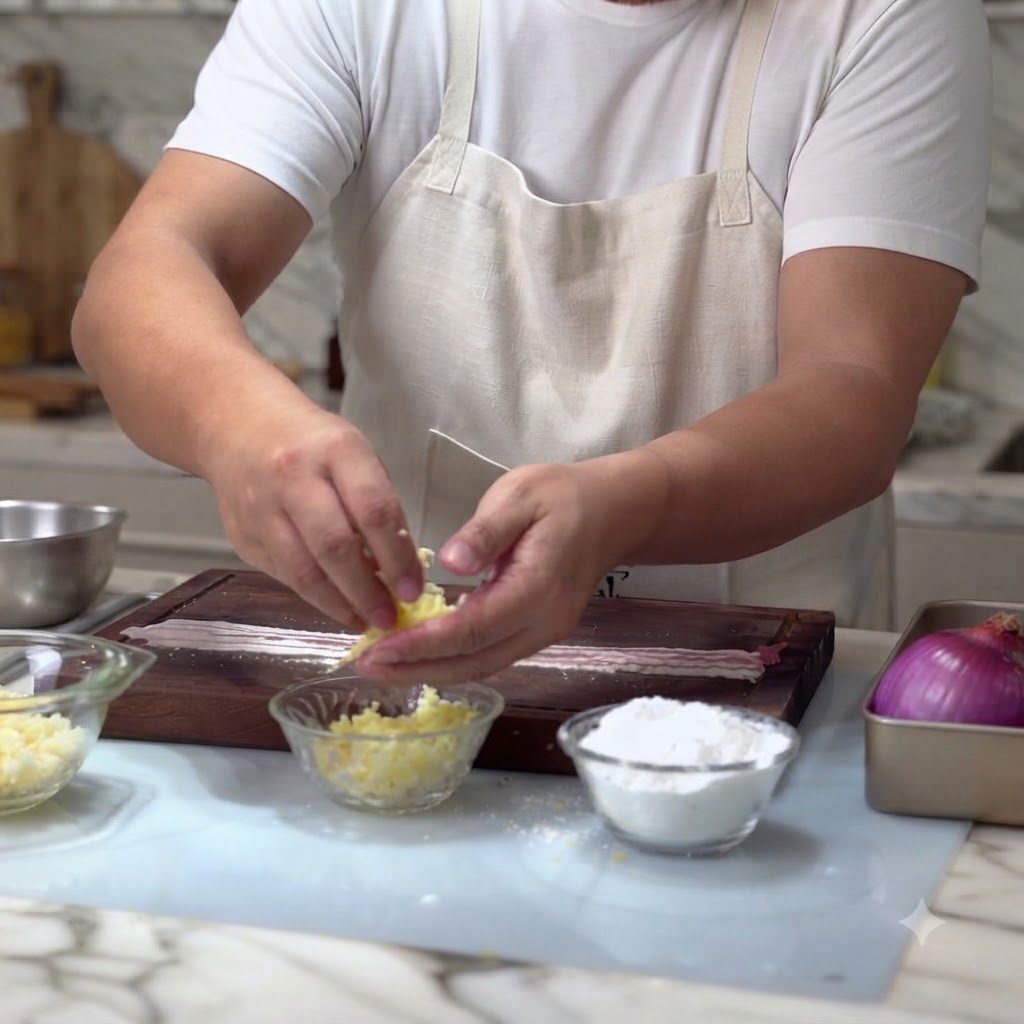Una piccola pallina compressa di mozzarella grattugiata posizionata sullestremità delle fette di pancetta di maiale cruda su un tagliere.