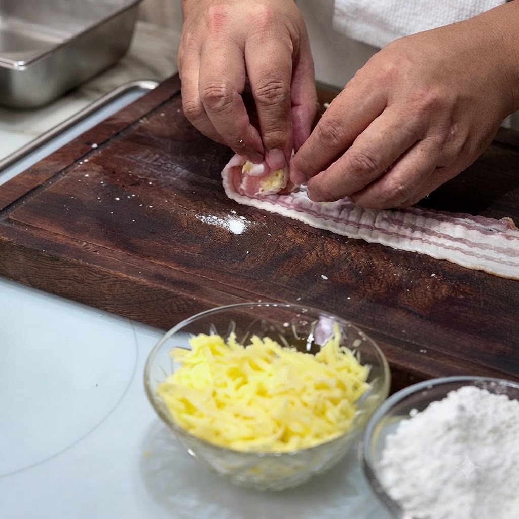 Fette di pancetta di maiale cruda arrotolate con cura attorno a un centro di formaggio per formare una polpetta sigillata ermeticamente su un tagliere.