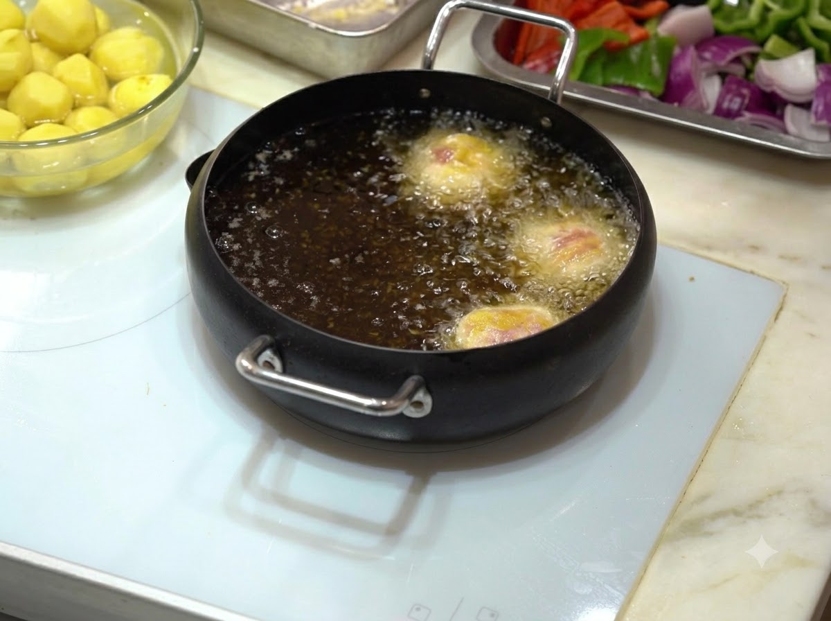 Polpette ricoperte di fecola che friggono in una pentola nera piena di olio da cucina caldo e frizzante.