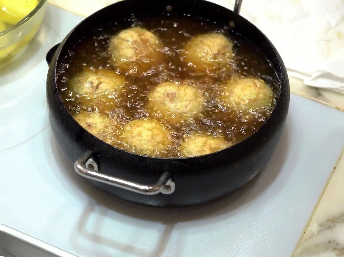 Polpette che friggono in olio bollente fino a doratura.