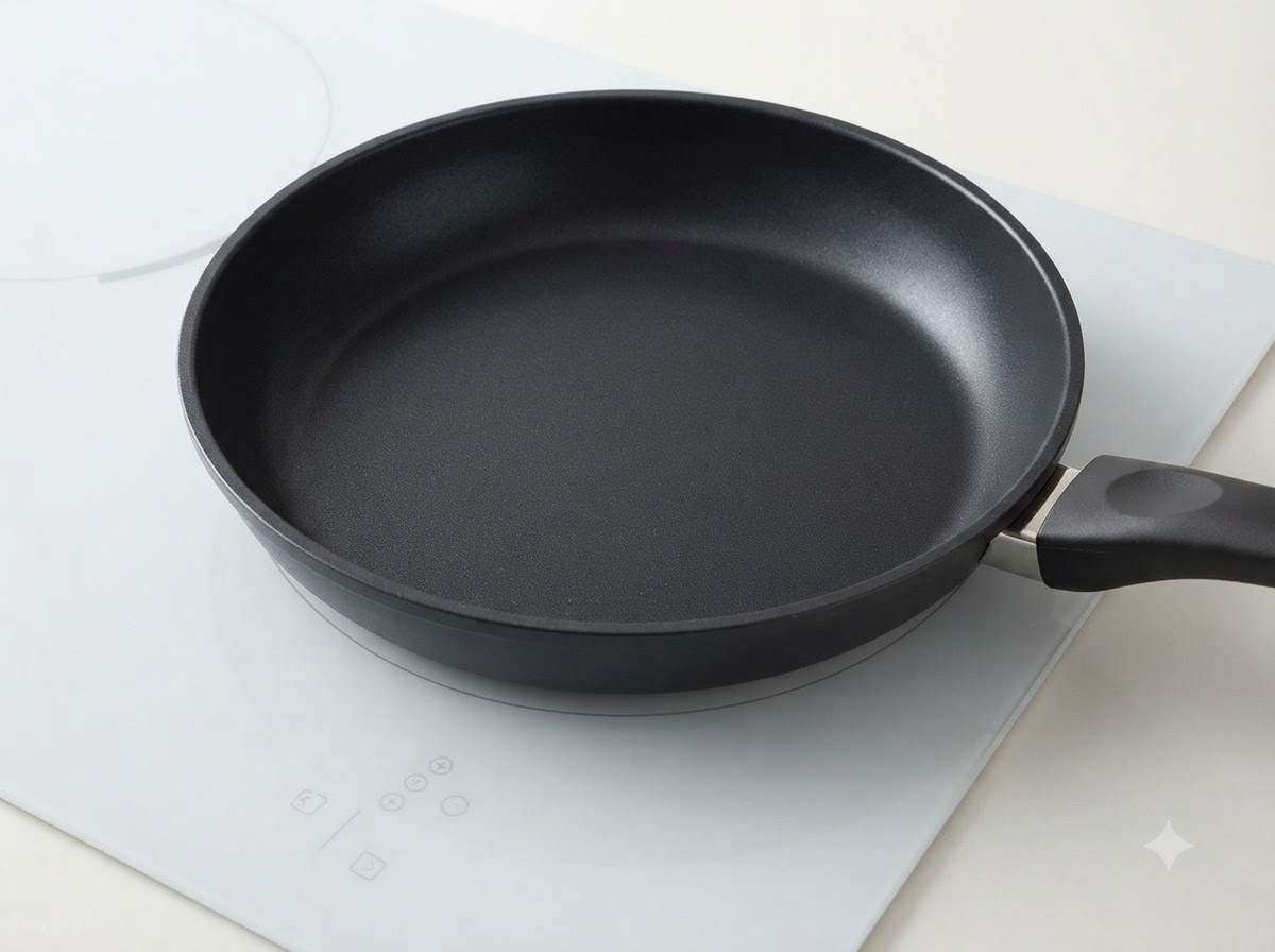 Una padella scura vuota che si riscalda sulla superficie di un piano cottura a induzione.