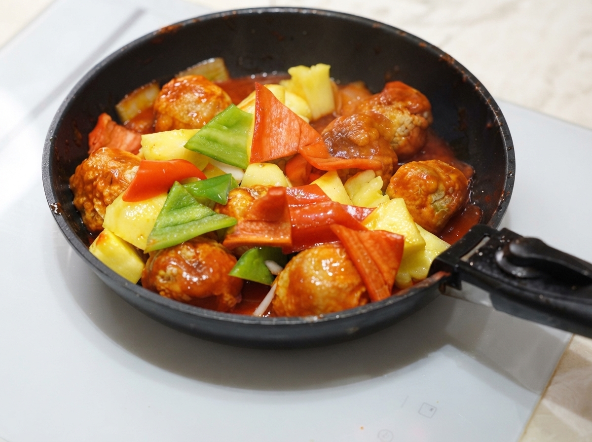 Polpette fritte, pezzi di ananas e peperoni mescolati insieme in una salsa agrodruro rossa che bolle.