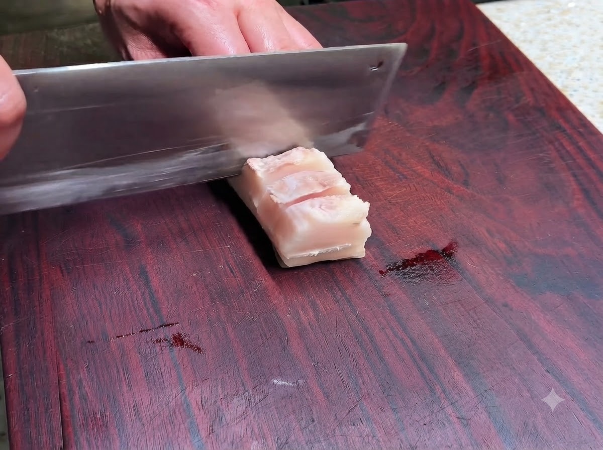 Una mannaia affilata che taglia linee a griglia poco profonde sul lato della carne di un blocco di pancia di maiale sbollentata.
