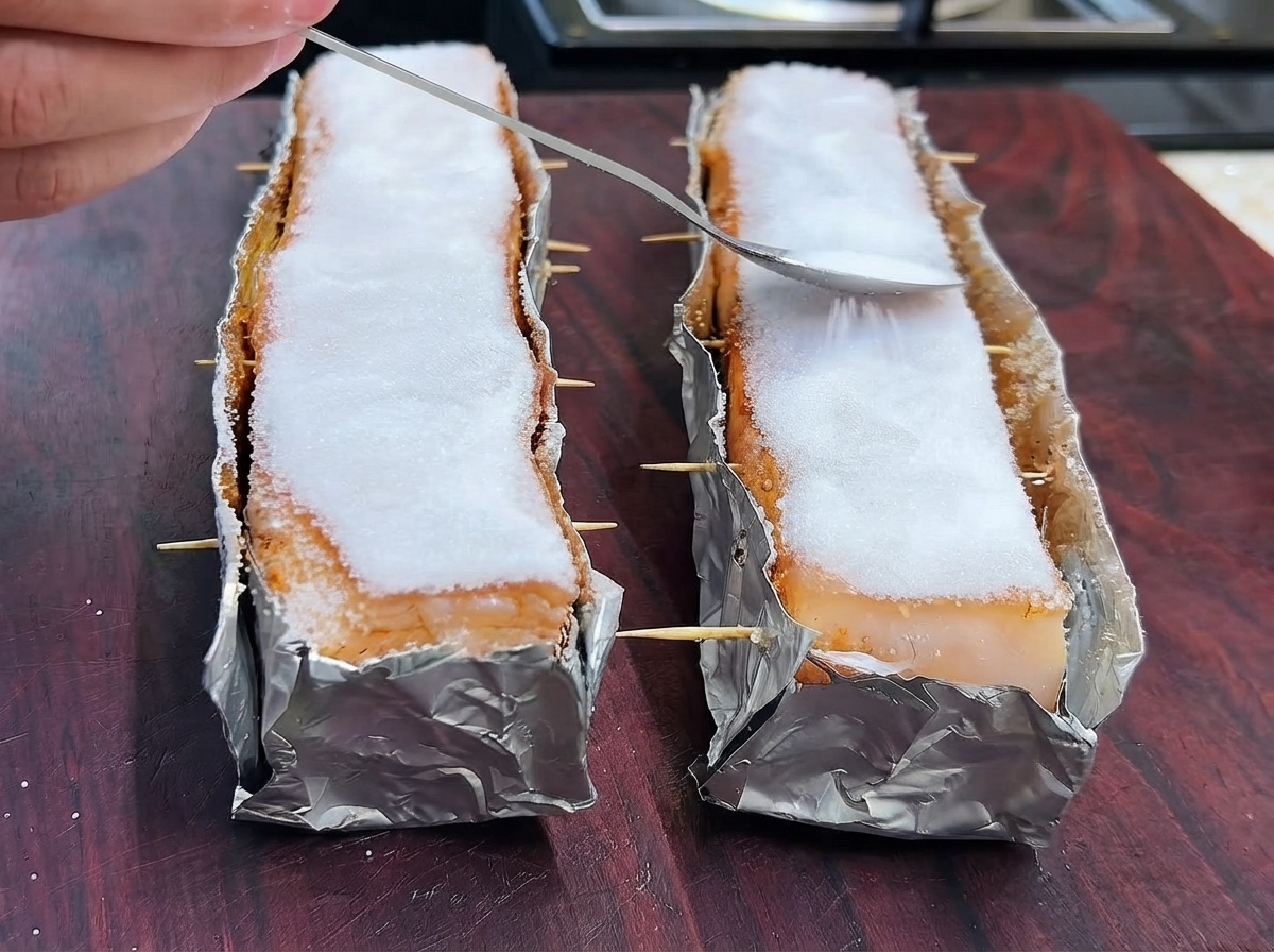 Uno strato spesso di sale grosso accuratamente cucchiaiato e premuto sulla pelle di maiale su un tagliere di legno.
