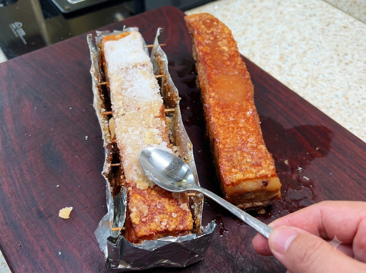 Il duro strato di sale cotto che viene raschiato e rimosso dalla pelle di maiale croccante usando un cucchiaio.