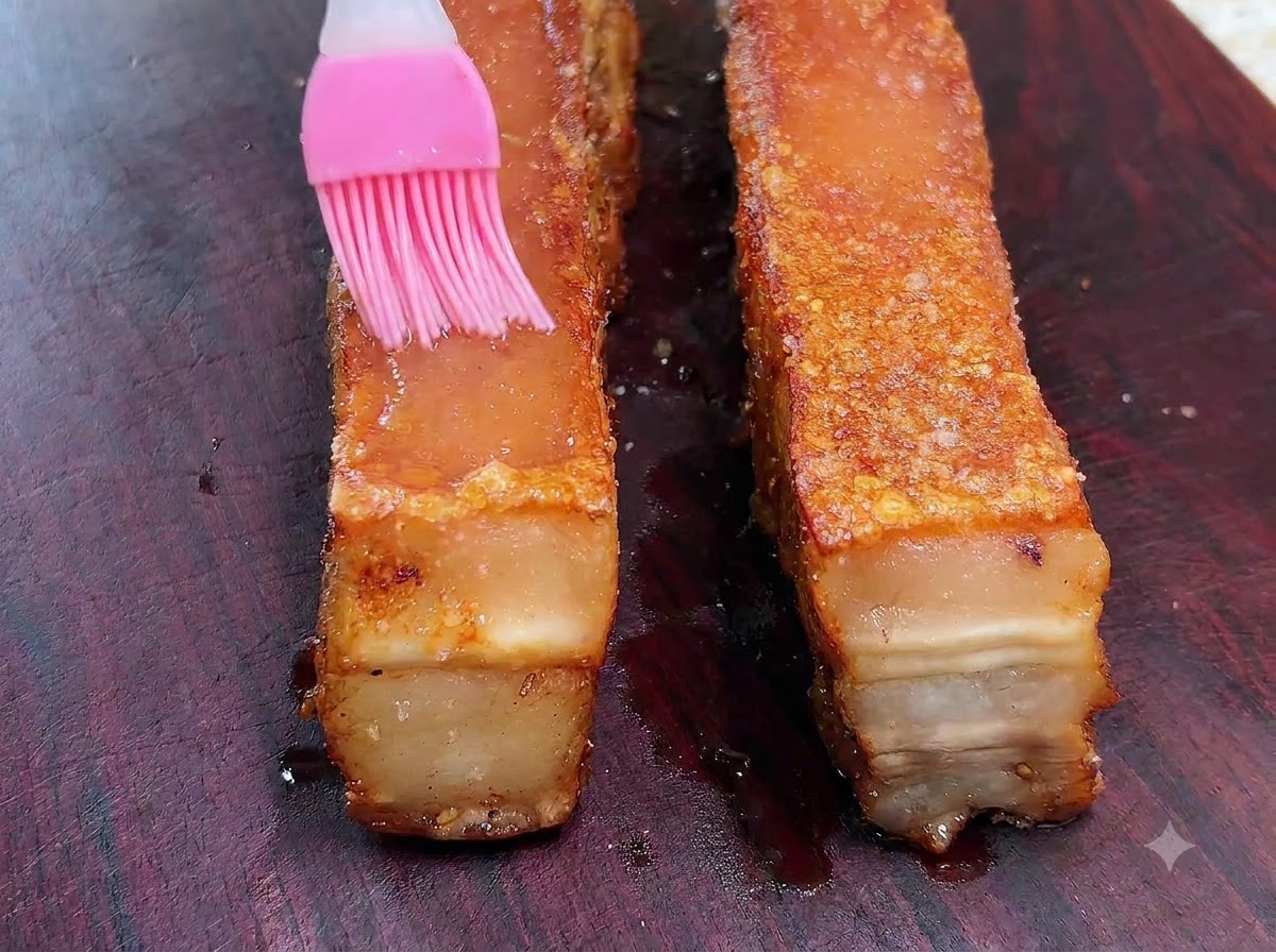 Un pennello in silicone rosa che distribuisce laceto bianco sulla superficie superiore di una lastra di pancia di maiale arrosto.