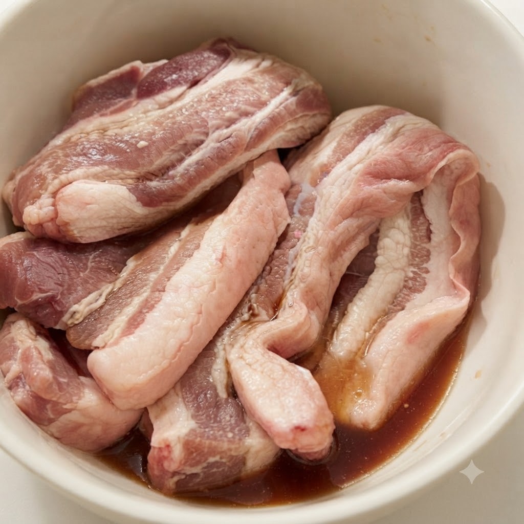 Strisce di pancetta di maiale immerse in una ciotola di vino da cucina e marinatura.