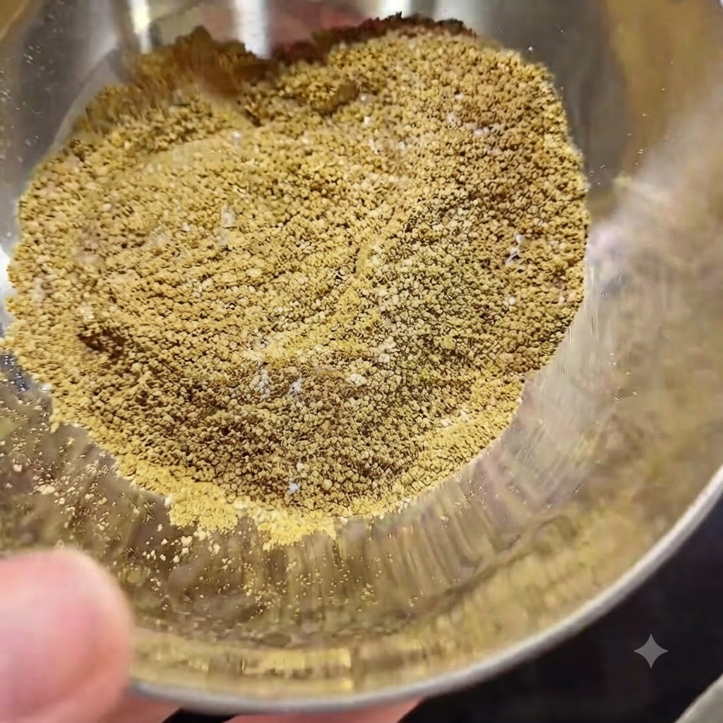 Una ciotola di metallo contenente una miscela di sale, polvere di cinque spezie e polvere di pepe del Sichuan.