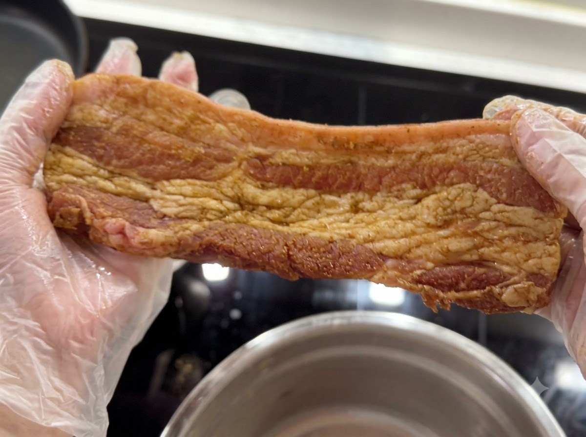 Mani con guanti che tengono una striscia di pancetta di maiale condita e coperta di spezie.