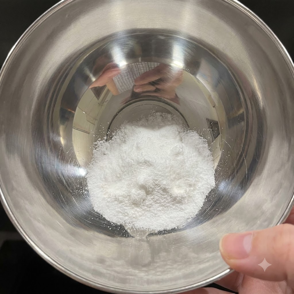 Una piccola ciotola di metallo riempita con sale bianco e bicarbonato di sodio in polvere prima di aggiungere lacqua tiepida.