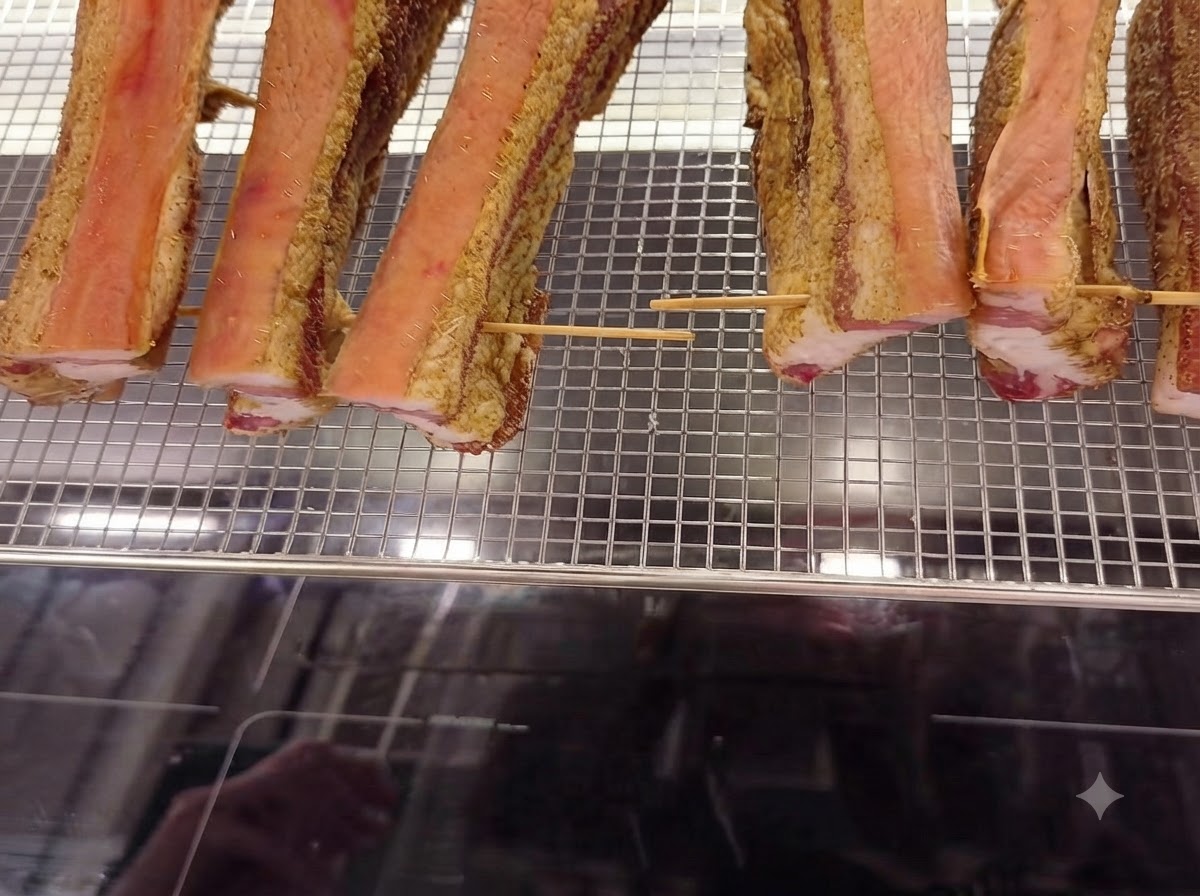 Strisce di pancetta di maiale fissate con stecchini di legno e disposte ordinatamente su una griglia da forno.