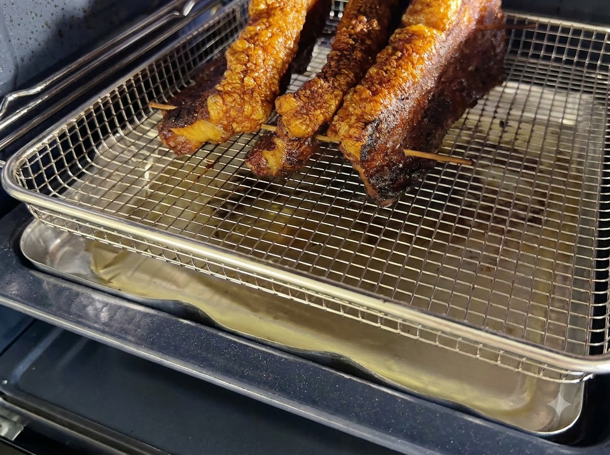 Una griglia con pancetta posizionata allinterno del forno sopra una leccarda per raccogliere i grassi di cottura.