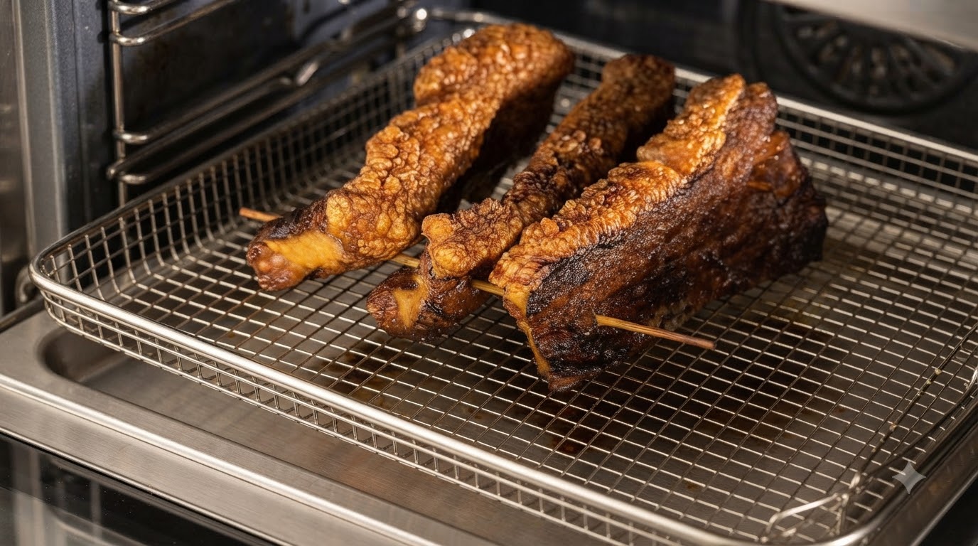 Strisce di pancetta di maiale croccante dorate disposte su una griglia allinterno del forno, che mostrano una perfetta pelle scoppiettante