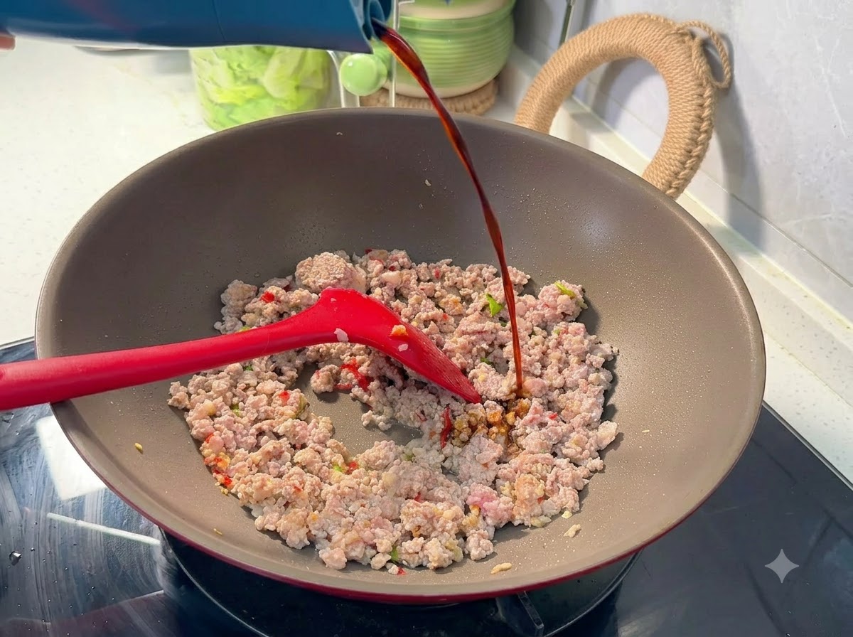 Salsa di soia scura versata da una bottiglia in un wok pieno di maiale macinato condito.