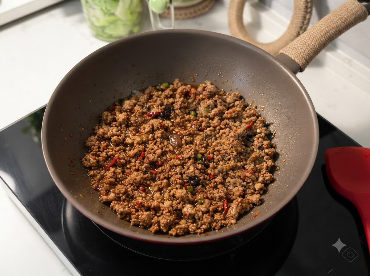 Maiale macinato che bolle a fuoco lento in una saporita salsa marrone allinterno di un wok rosso.