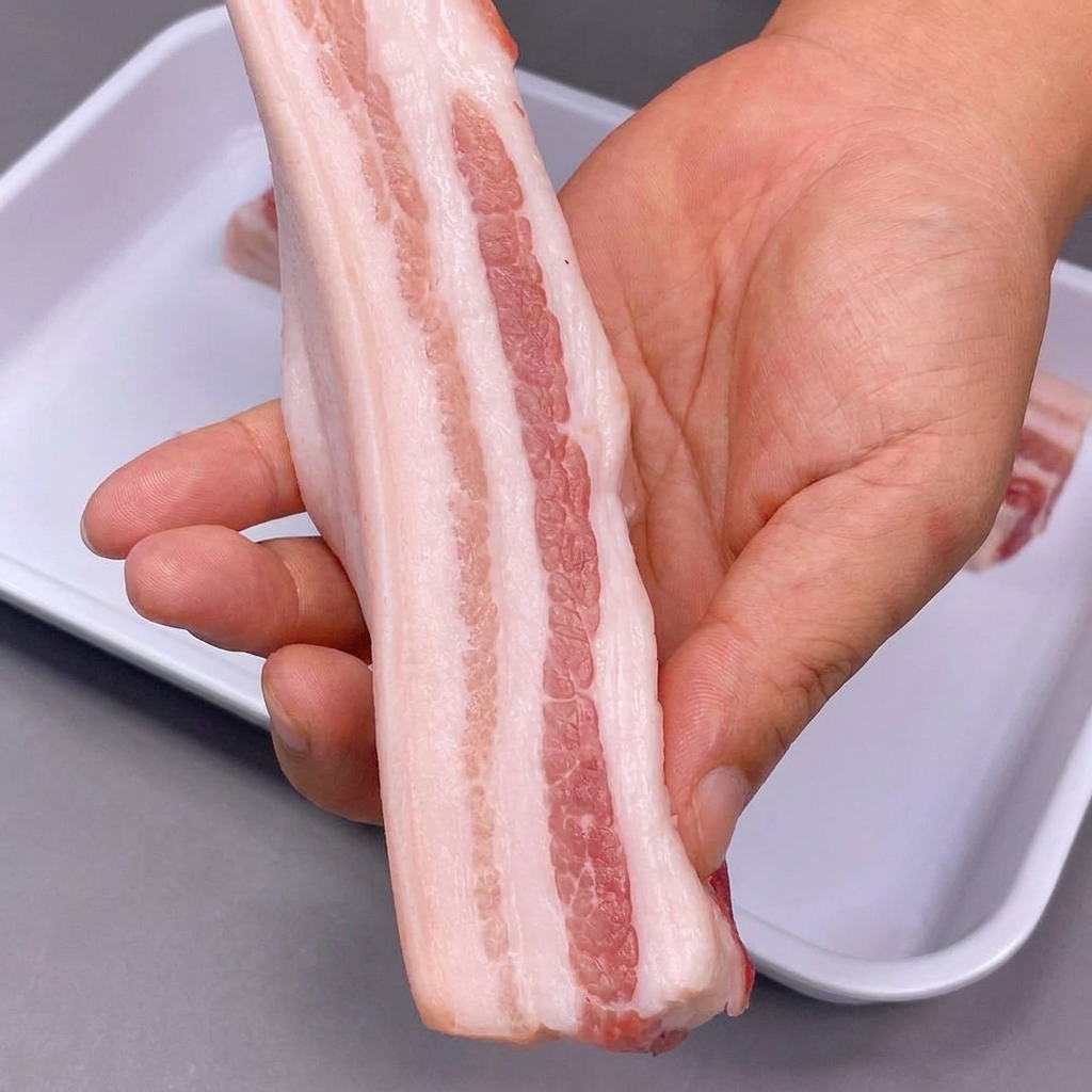 Strisce di pancia di maiale con cotenna in ammollo allinterno di un contenitore bianco riempito di aceto bianco.