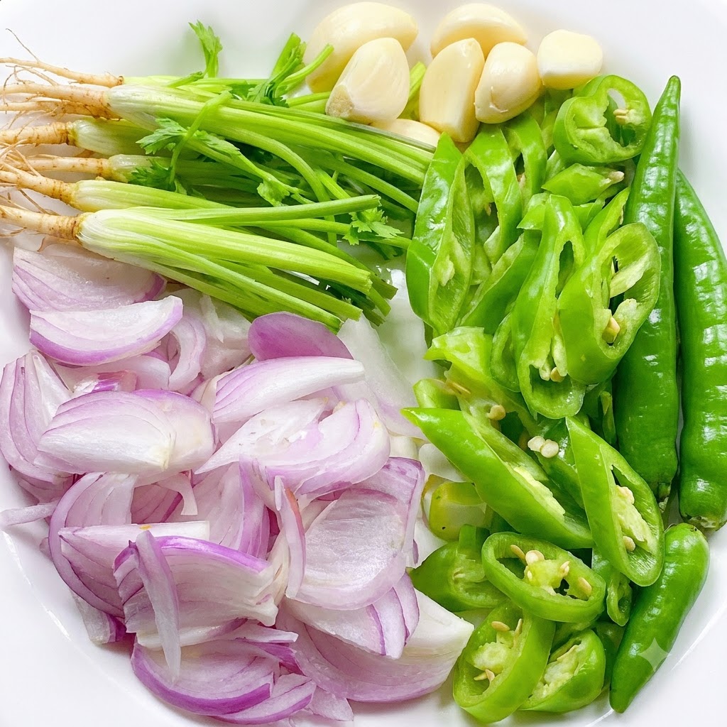 Radici di coriandolo fresco, peperoncini verdi affettati, scalogno affettato e spicchi daglio interi disposti ordinatamente su un piatto bianco.