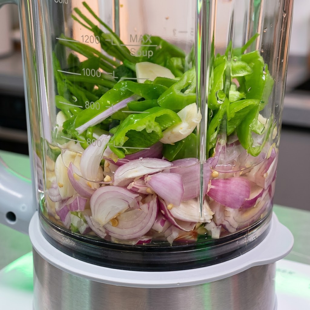 Gli ingredienti per la salsa in stile thailandese che riposano allinterno del contenitore del robot da cucina prima di essere frullati.