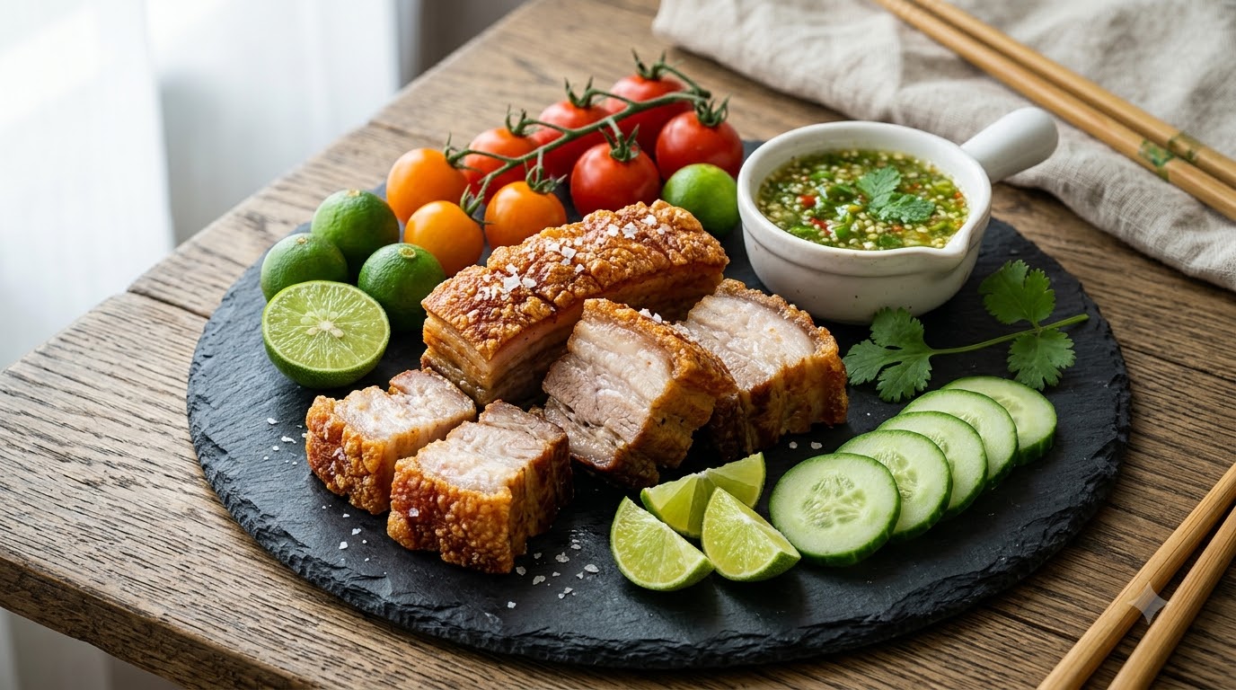 Pancia di Maiale Croccante alla Thailandese con Salsa al Peperoncino Verde