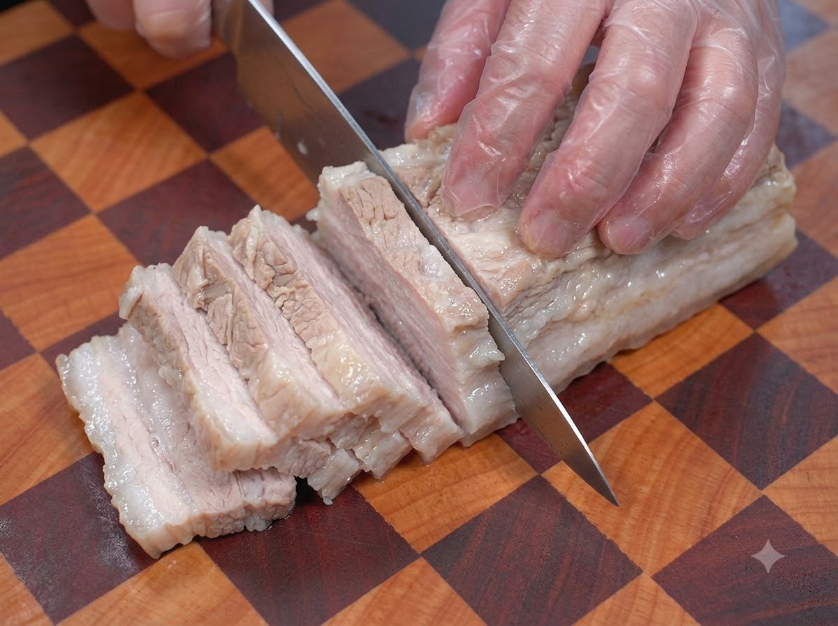 Un coltello che fa tagli paralleli sulla superficie di un pezzo di pancia di maiale bollito su un tagliere di legno.
