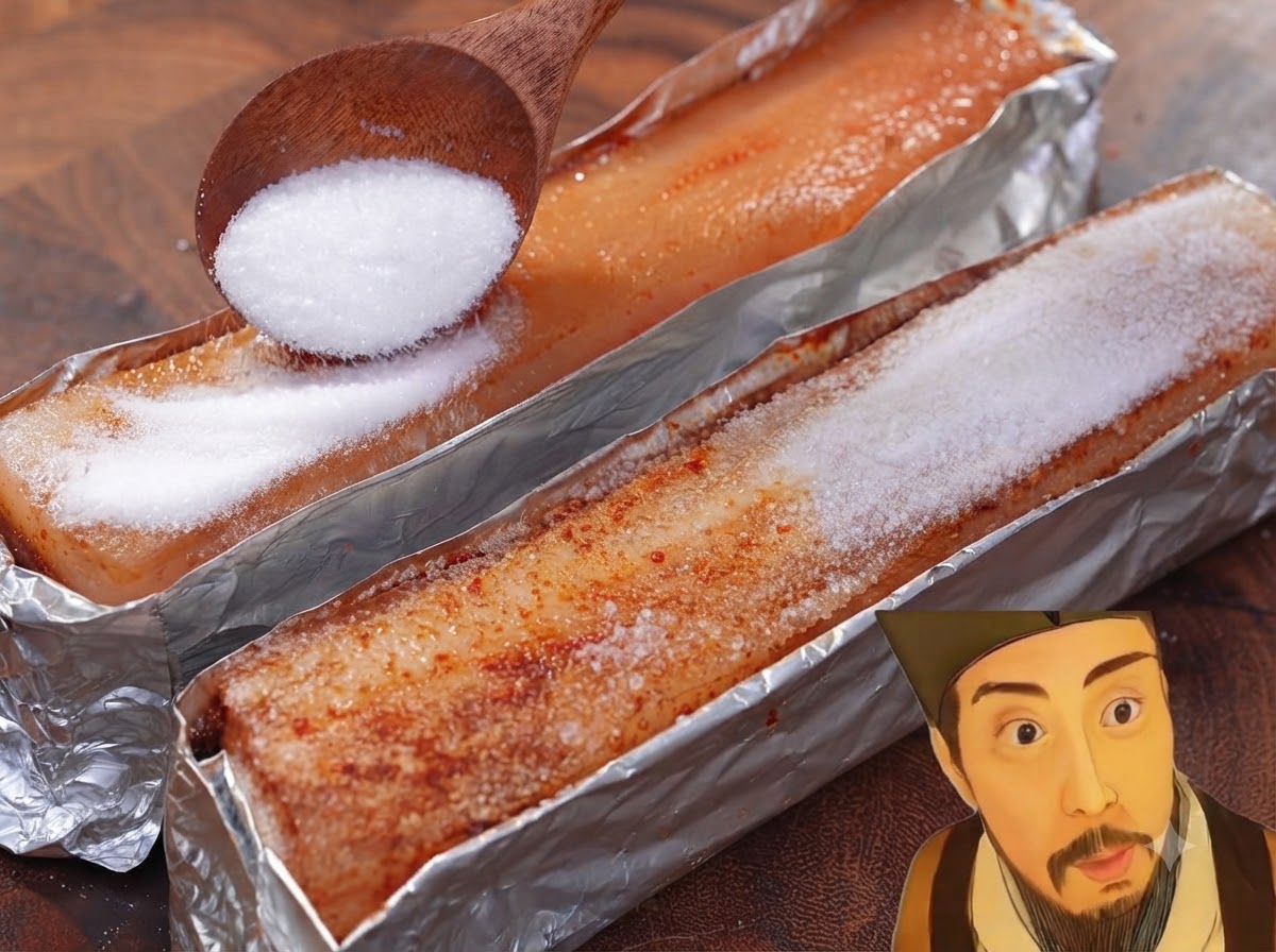 Un cucchiaio di legno che distribuisce sale bianco grosso su strisce di pancia di maiale marinate avvolte nella carta stagnola.