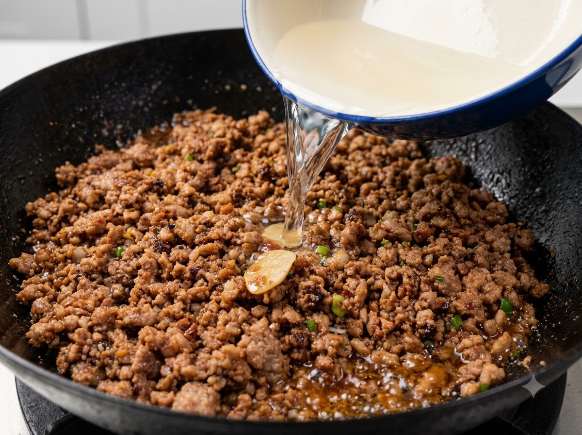Acqua limpida versata da una ciotola bianca in un wok colmo di carne macinata cotta e condita.